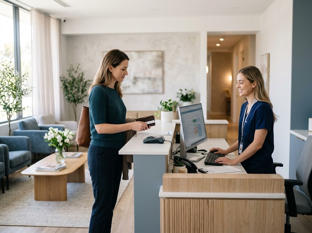 Patient checking in at the front desk with a staff member