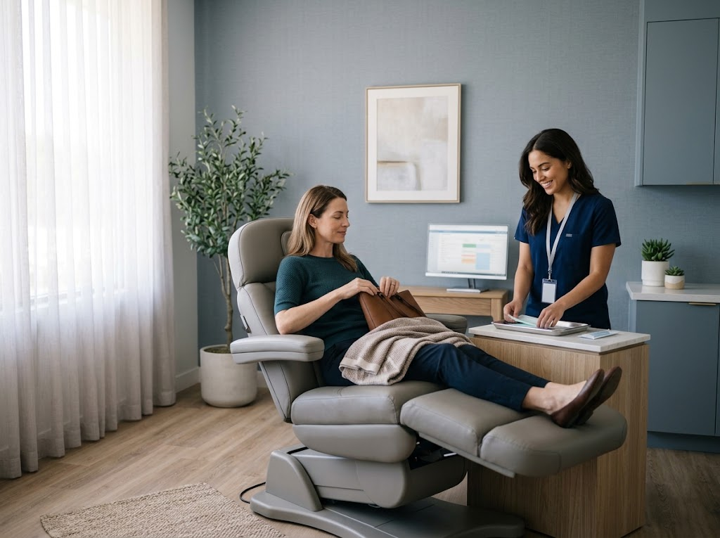 Patient settling into a private treatment recliner with a nurse nearby