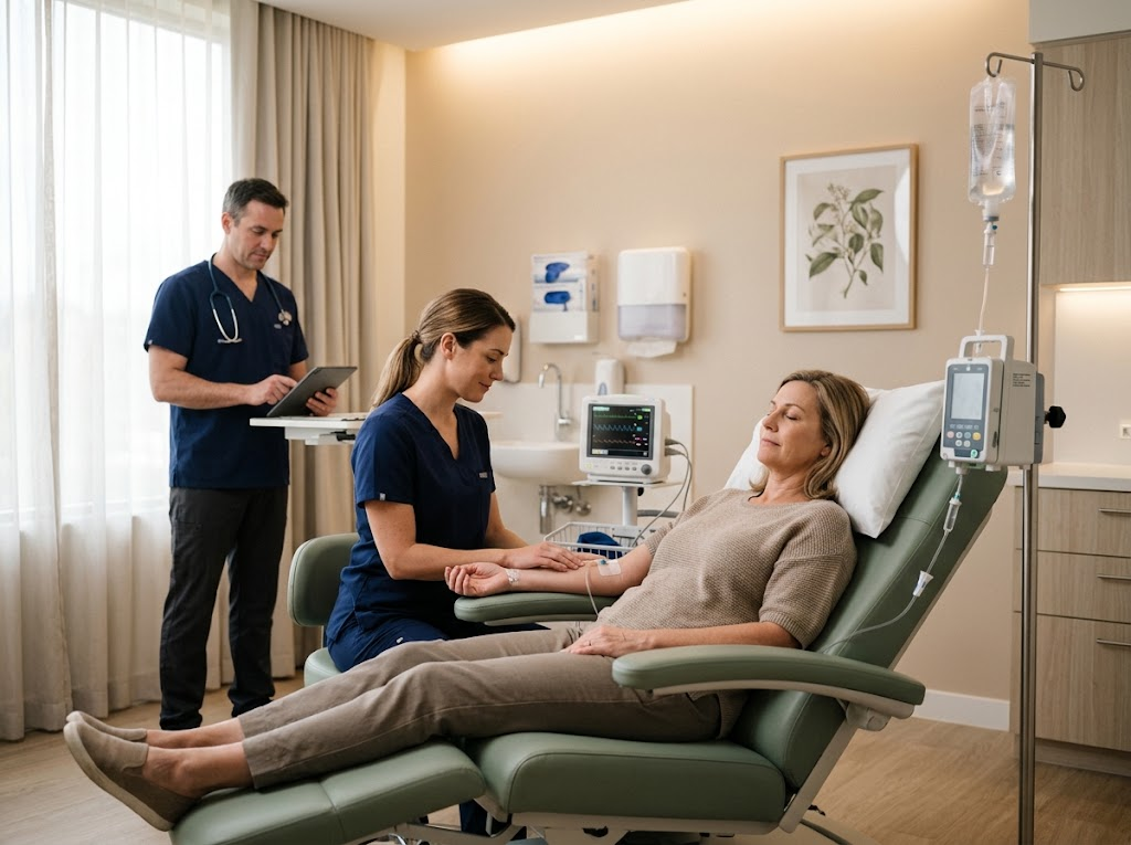 Nurse monitoring a patient during an IV infusion