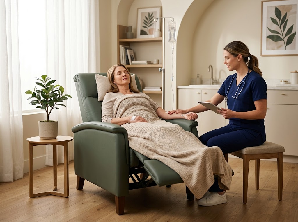 Patient resting in a recliner while a nurse checks in