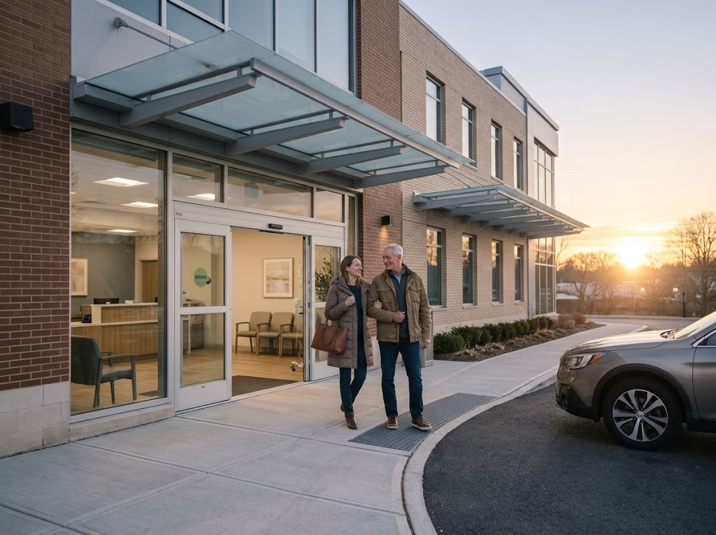 Patient leaving the clinic with a companion at sunset