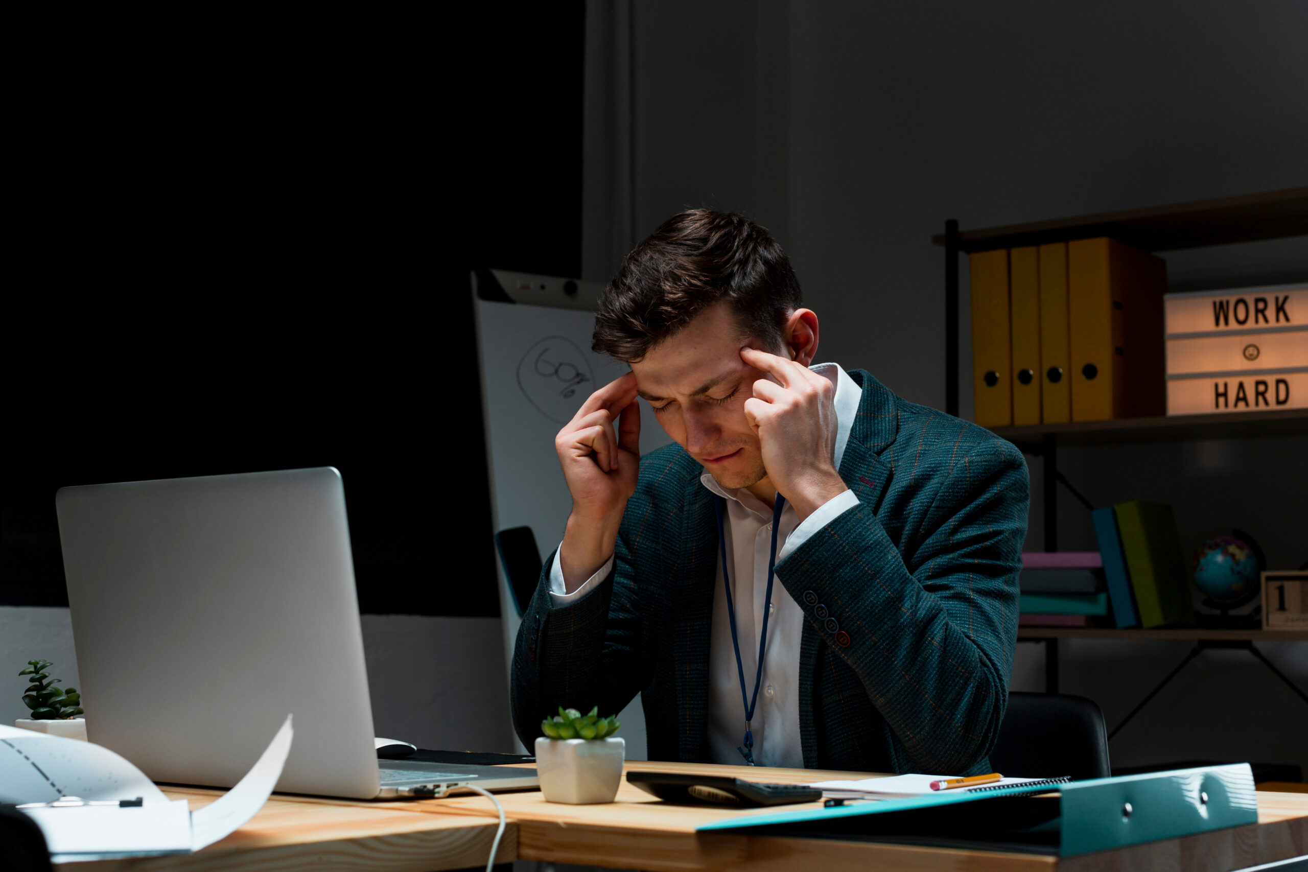 A man at his desk holding his temples, showing signs of stress